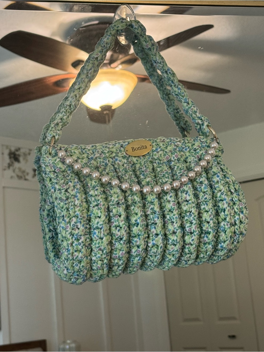 Bonita Bolso Handmade Green Floral Knit Pearl-Trim Shoulder Bag